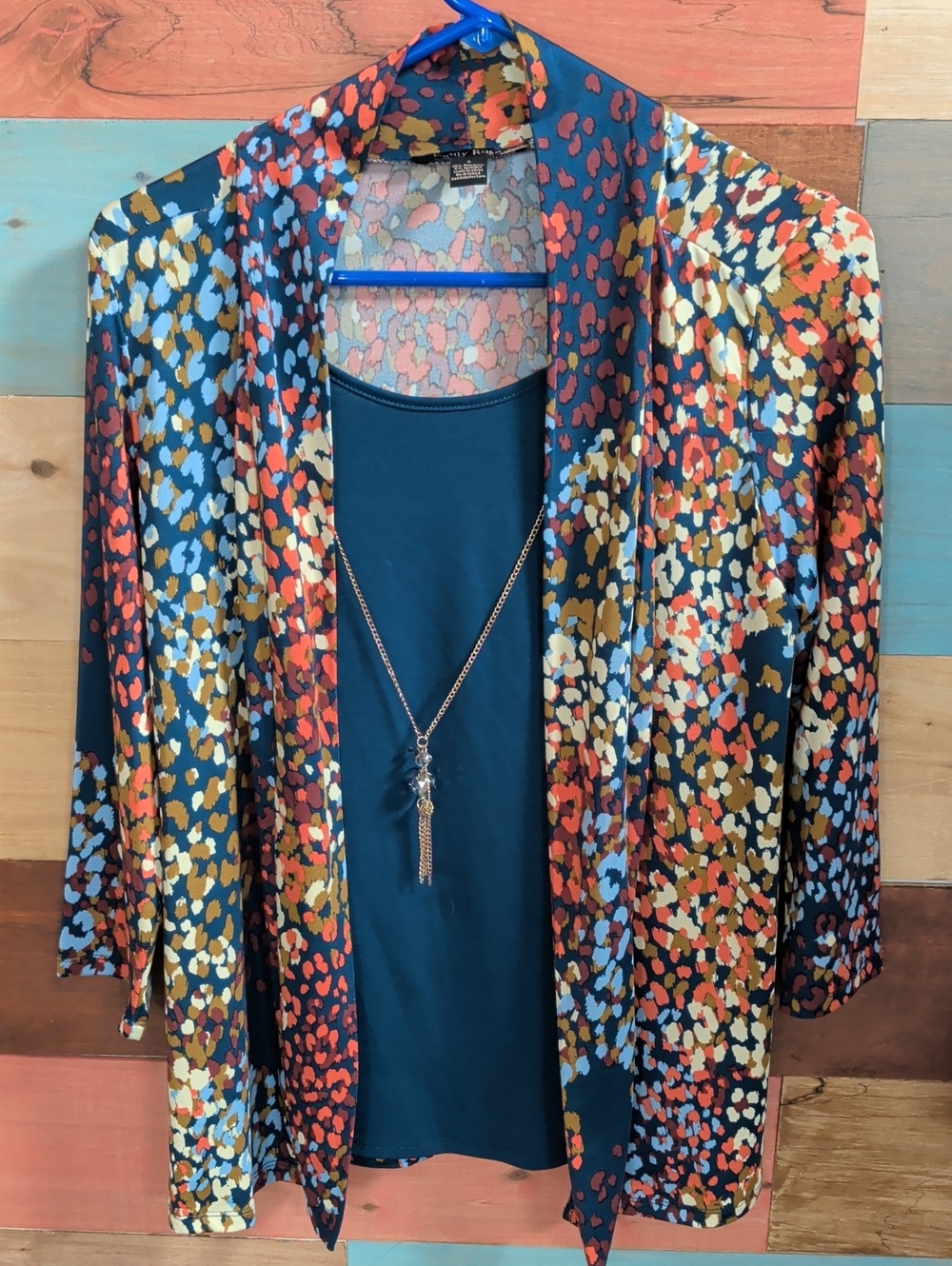 Emily Rose Teal Multicolor Open-Front Printed Blouse